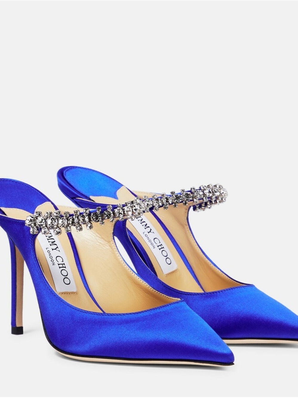 Jimmy Choo Cobalt Blue Satin Crystal-Strap Mule Heels